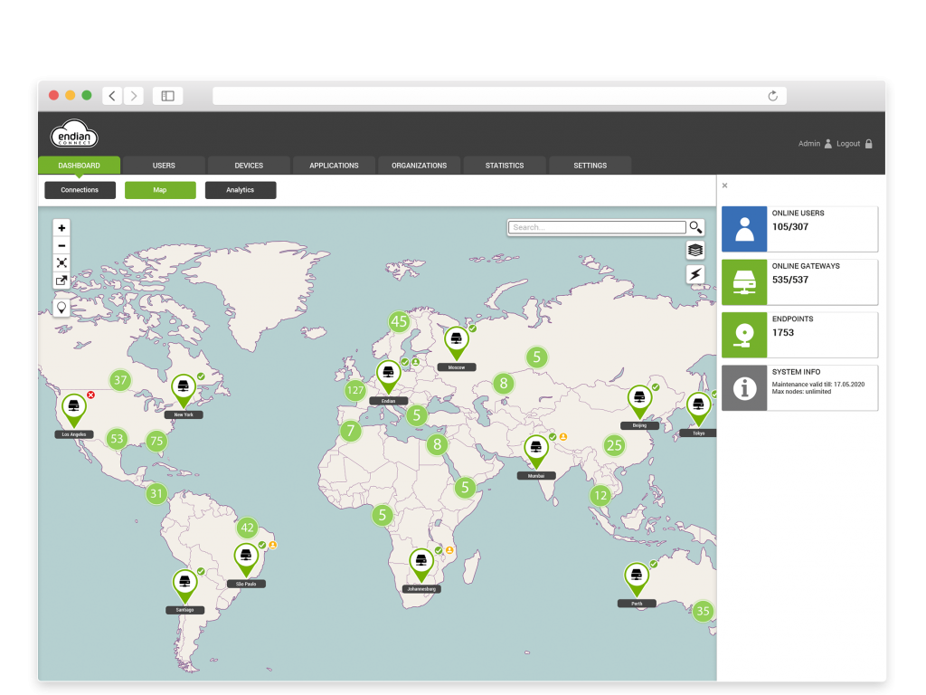 Visualize your network like never before using the Dashboard with live maps feature which shows all your remote sites and user activity in real-time.