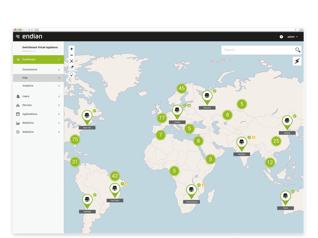 Die perfekte Übersicht über Ihr Netzwerk: Die Live-Map zeigt in Echtzeit all Ihre verteilten Geräte sowie die dazugehörige Nutzeraktivität auf einen Blick.
