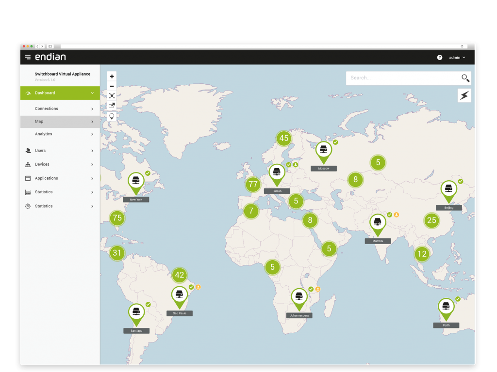 Visualize your network like never before using the Dashboard with live maps feature which shows all your remote sites and user activity in real-time.