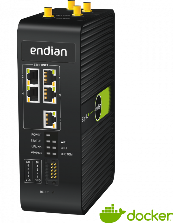 The Endian 4i Edge XL provides maximum connectivity, micro-segmentation and cybersecurity for industrial environments. Powerful edge computing (with Docker) supports the deployment of custom applicati
